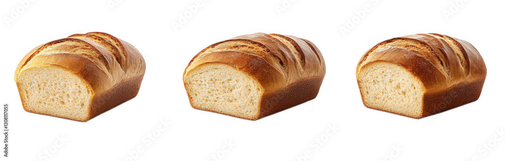 Poster three loaves of bread. each sliced to showcase their soft. fluffy interiors and golden-brown crusts 