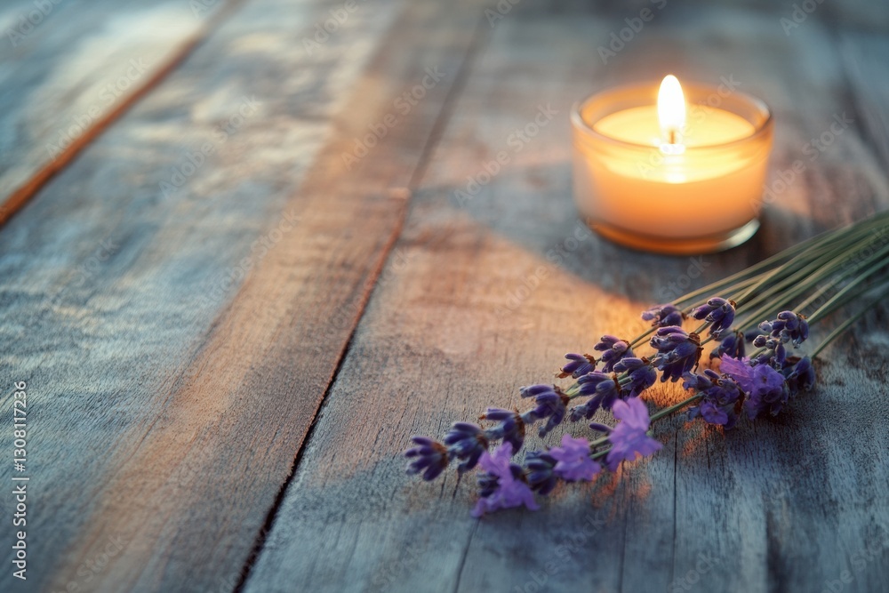 Poster cozy still life with lavender sprig and lit candle on textured wooden surface creates an inviting at