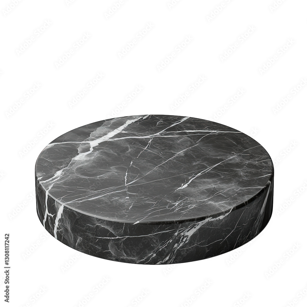 Poster a round. flat marble surface with a black and white veined pattern. showcasing its smooth texture an