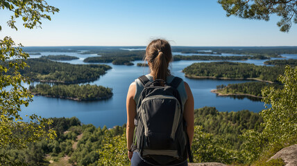 Fototapeta premium Hiker admiring breathtaking panorama of lakes and islands
