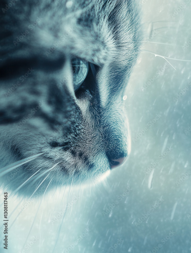 Aufkleber Soft raindrops blur the world as a curious cat gazes out through a window on a melancholic day Generative AI