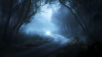 Fototapeta premium Misty woodland road at night with piercing headlights ethereal and mysterious landscape. Elusive - Spirit. Illustration