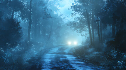 Misty woodland road at night with piercing headlights ethereal and mysterious landscape. Elusive - Spirit. Illustration