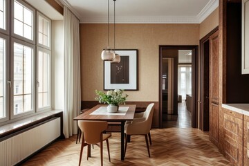 Elegant dining area with warm tones, featuring a wooden table, beige chairs, and pendant lights. Large window overlooking a city view.