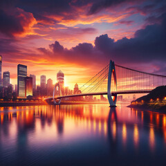 Fototapeta premium Beautiful Cityscape with a Suspension Bridge at Sunset
