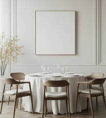 Elegant dining room interior with blank art.