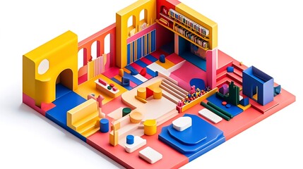 Fototapeta premium Colorful isometric interior design; playful space; architectural model; vibrant background; website illustration