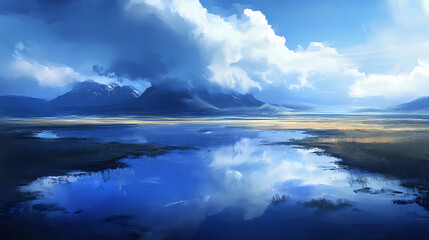 Fototapeta premium Sapphire mirage, ethereal blue reflections shimmer across a desolate landscape, elusive and fleeting, captivating the observer with their enchanting beauty. Elusive - Spirit. Illustration