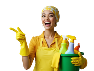 A smiling woman in cleaning attire - a yellow headscarf, shirt, apron, and gloves - holds a bucket of cleaning supplies