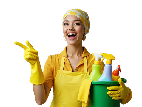 A smiling woman in cleaning attire - a yellow headscarf, shirt, apron, and gloves - holds a bucket of cleaning supplies - Powered by Adobe