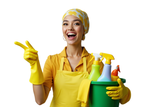 A smiling woman in cleaning attire - a yellow headscarf, shirt, apron, and gloves - holds a bucket of cleaning supplies