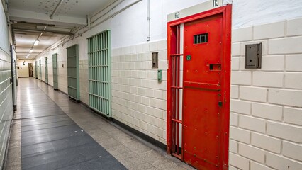 Abandoned Prison Cell Door, Urban Exploration Photography, Dark Corridor, Grungy Texture, Decaying Building, Grim Setting