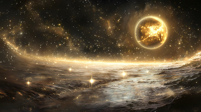 Starfield journey, a mesmerizing expanse of twinkling stars with a shimmering trail guiding towards an elusive planet. Elusive - Spirit. Illustration