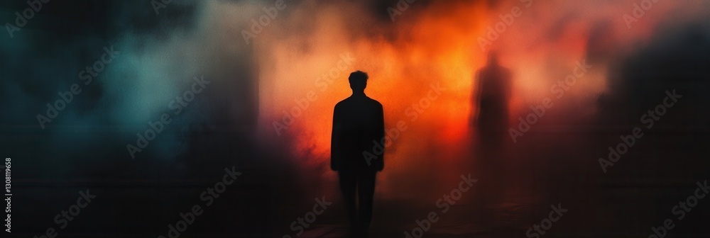 Poster Mysterious silhouettes emerge from dark shadows against an abstract background of fear and uncertainty Generative AI