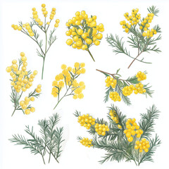 mimosa, flower, plant, nature, yellow, spring, leaf, floral, blossom, flowers, summer, branch, illustration, vector, wild, design, bouquet, decoration, wildflower, beauty, pattern, bloom, flora, tree,