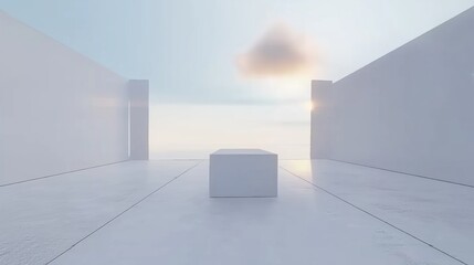Obraz premium A Serene Abstract Space Featuring a Minimalist Cube Surrounded by Ethereal Fog and Soft Light 