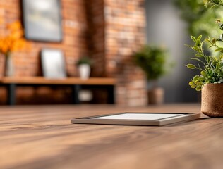 Fototapeta premium Elegant Rustic Interior with Wooden Floor, Decorative Plants, Picture Frame, and Cozy Atmosphere in Soft Lighting