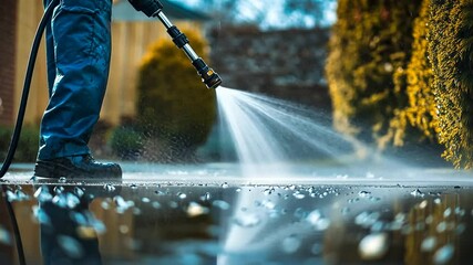 Cleaning Concrete Driveway with Power Washer