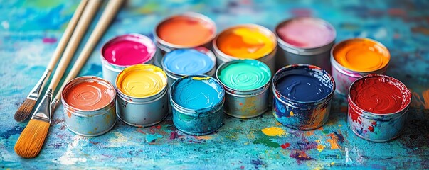 Flat lay of colorful paints and brushes in a vibrant art studio, paint cans of various hues, splashes, drops, artistic tools and pigments creating a creative art scene