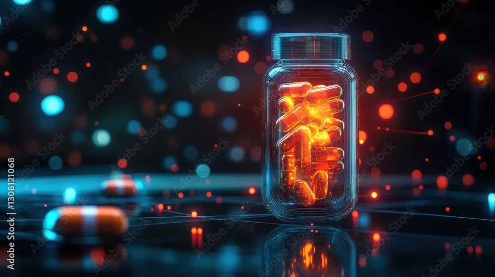 Fototapete futuristic transparent pill bottle containing glowing capsules in a cyberpunk setting with high tech