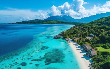 Idyllic Bora Bora lagoon with overwater bungalows along the shoreline