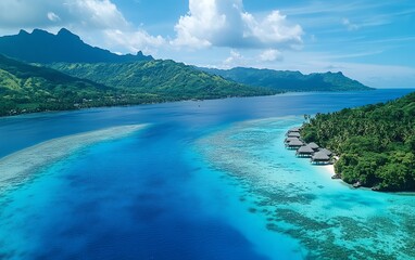 Idyllic Bora Bora lagoon with overwater bungalows along the shoreline