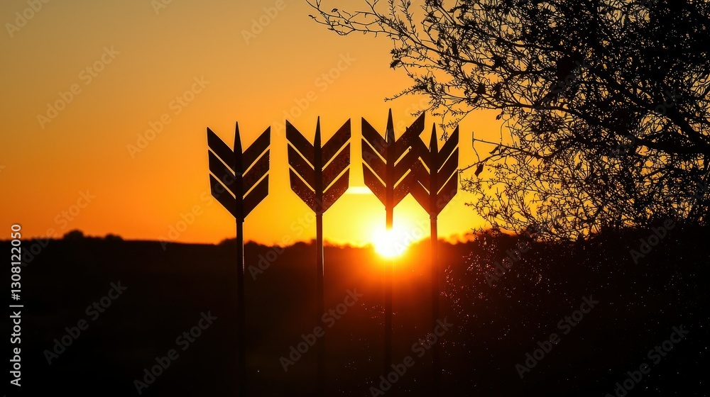 Poster a sunset scene where arrows pointing in different directions are silhouetted in the foreground.