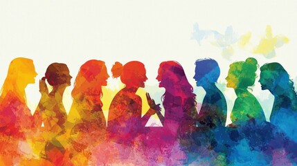 A supportive International Womenâ€™s Day design featuring groups of women engaging in discussions.