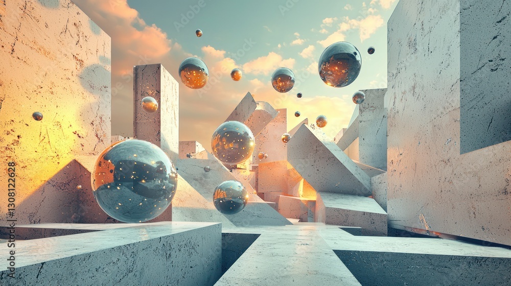 Poster A surreal 3D abstract scene with floating objects and impossible structures.