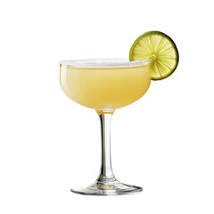 Margarita cocktail with salted glass rim and lime slice, isolated on white transparent background