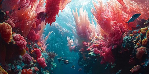 Vibrant coral reef underwater scene, tropical ocean, sunlight, diverse marine life, nature background, ideal for travel or nature documentaries