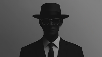 An invisible man wearing a hat and glasses and a suit isolated on gray background, unseen figure unknown incognito. Elusive - Spirit. Illustration