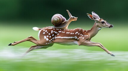 Fototapeta premium Snail rides deer, fast run, green field, nature