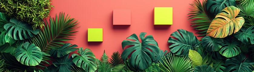 A vibrant close-up of a textured wall adorned with lush green plants, showcasing various leaf shapes and sizes, alongside a bright yellow box that adds a cheerful pop of color.