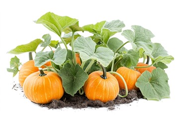 Ripe orange pumpkins growing in garden soil. Autumn harvest. Food photography
