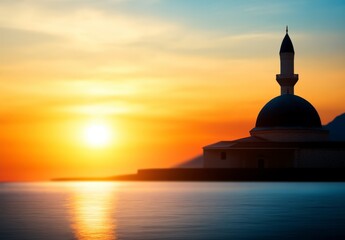 Fototapeta premium Majestic sunset over serene mosque silhouette by tranquil water reflecting colorful skies and distant mountains