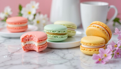 Colorful macarons on marble table with flowers
