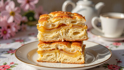Delicious pastry slices with apple filling on floral tablecloth