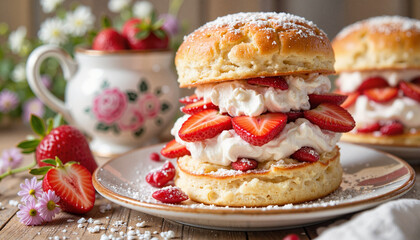 Strawberry shortcake dessert with whipped cream and fresh strawberries on wooden table