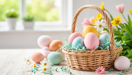 Colorful Easter eggs in a wicker basket with flowers on a tabletop