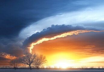 Obraz premium Dramatic Sky at Sunset with Vibrant Clouds and Silhouetted Trees Against a Golden Horizon