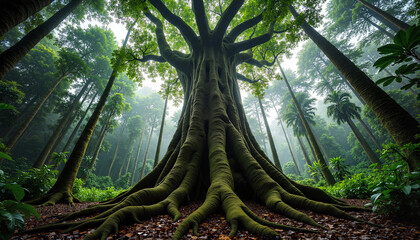 Majestic tree with sprawling roots in dense foggy forest