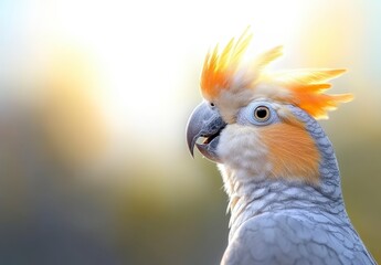 Fototapeta premium Close-Up Portrait of a Colorful Cockatoo with Bright Orange Crests Against a Soft Blurred Background