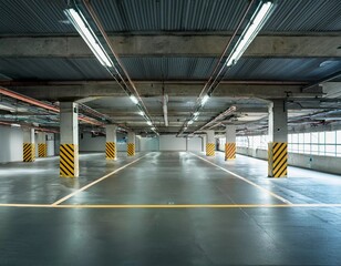 Spacious and well-lit underground parking garage with clean floors and marked parking spaces. Industrial concrete design with fluorescent lights and safety markings. Ideal for urban, transport, or rea
