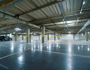 Spacious and well-lit underground parking garage with clean floors and marked parking spaces. Industrial concrete design with fluorescent lights and safety markings. Ideal for urban, transport, or rea