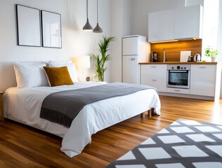Cozy and Modern Bedroom with Stylish Decor and Bright Kitchen in Contemporary Living Space