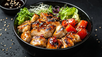 Fototapeta premium Grilled chicken with teriyaki sauce and vegetables in a black bowl on a dark background, generative AI
