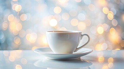 Obraz premium Bokeh Photography: White Coffee Cup and Saucer on White Background - Minimalist Aesthetic