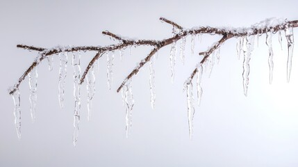 A tree branch with icicles hanging during a frosty winter morning.