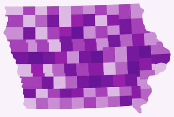 Map of Iowa with counties. A simple state border map with county divisions in a purple color palette. Flat design of Iowa's shape with administrative divisions. Vector illustration.